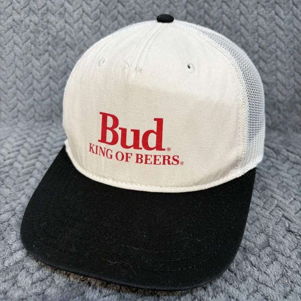 Bud King of Beers Trucker Hat Vintage Snapback White Black Mesh Cap